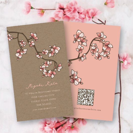 Oriental Pink Peach Bloesems Elegante Sakura Kraft Visitekaartje
