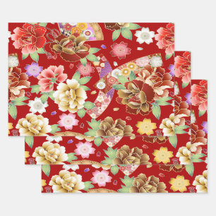 Oriental Red Gold Pink Modern Floral Inpakpapier Vel