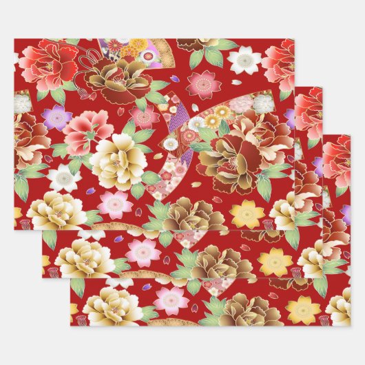 Oriental Red Gold Pink Modern Floral Inpakpapier Vel (Set)