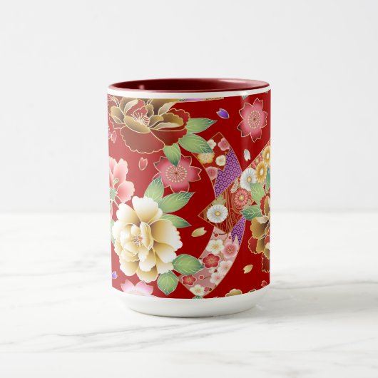 Oriental Red Gold Pink Modern Floral Mok (Midden)