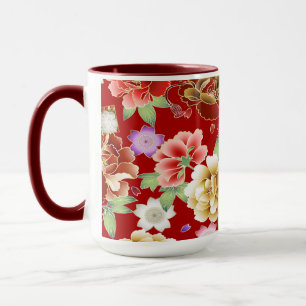 Oriental Red Gold Pink Modern Floral Mok