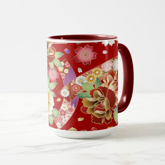 Oriental Red Gold Pink Modern Floral Mok (Voorkant rechts)
