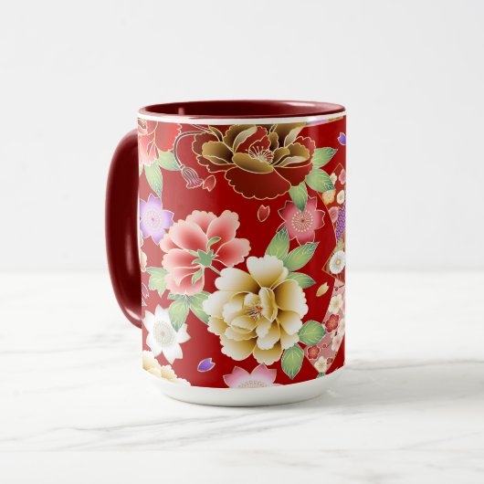 Oriental Red Gold Pink Modern Floral Mok (Voorkant links)