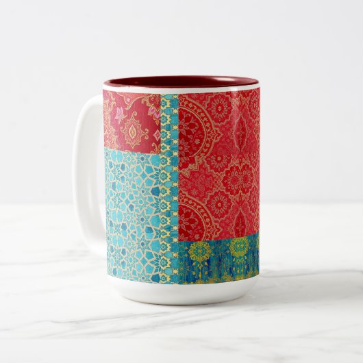 ORIENTAL rood turquoise patroon - Mok, Cup Tweekleurige Koffiemok (Voorkant links)