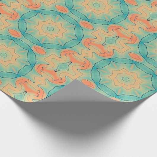 Oriental Star Pattern in Oranje en Blauwgroen Groe Cadeaupapier (Hoek)