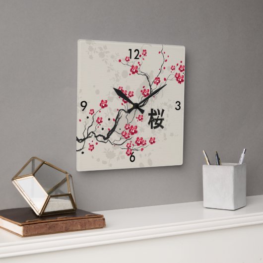 Oriental Style Sakura Cherry Blossom Art Vierkante Klok (Kantoor)