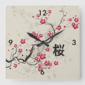 Oriental Style Sakura Cherry Blossom Art Vierkante Klok (Voorkant)
