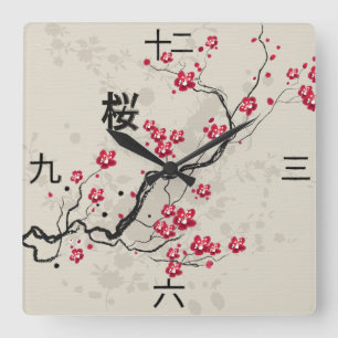 Oriental Style Sakura Cherry Blossom Art Vierkante Klok