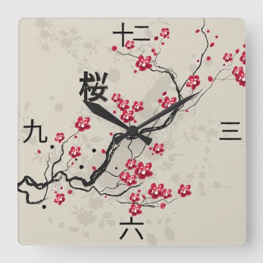 Oriental Style Sakura Cherry Blossom Art Vierkante Klok (Voorkant)