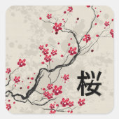 Oriental Style Sakura Cherry Blossom Art Vierkante Sticker (Voorkant)