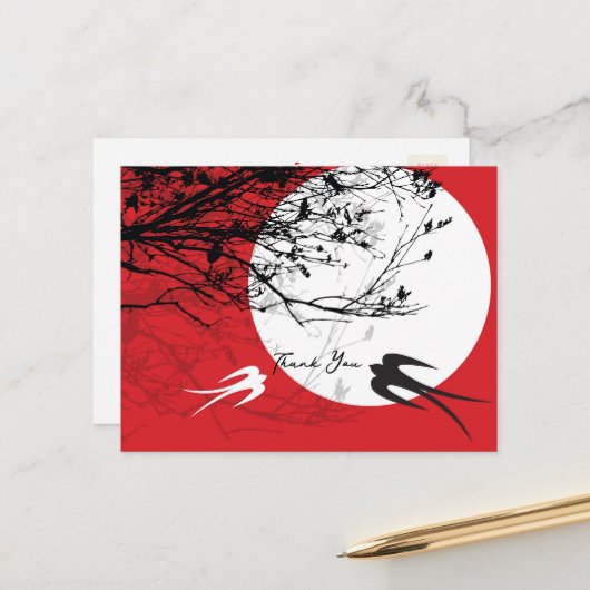 Oriental Swallows in Moonlight Asian Zen Dank je Briefkaart (Voorkant / Achterkant in situ)