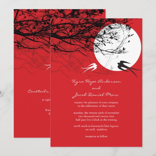 Oriental Swallows Moonlight Asian Wedding Invite Kaart (Voorkant / Achterkant)