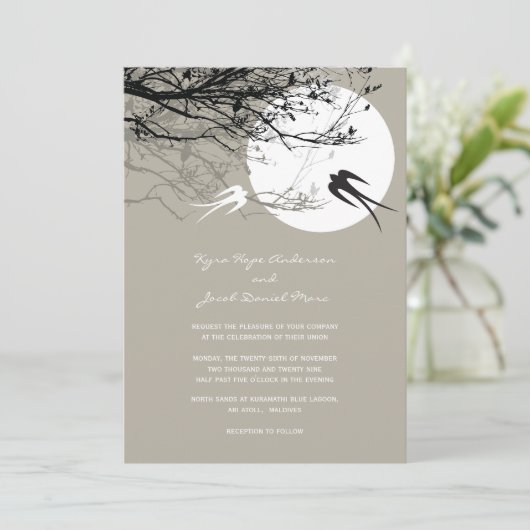 Oriental Swallows Moonlight Asian Wedding Invite Kaart (Staand voorkant)