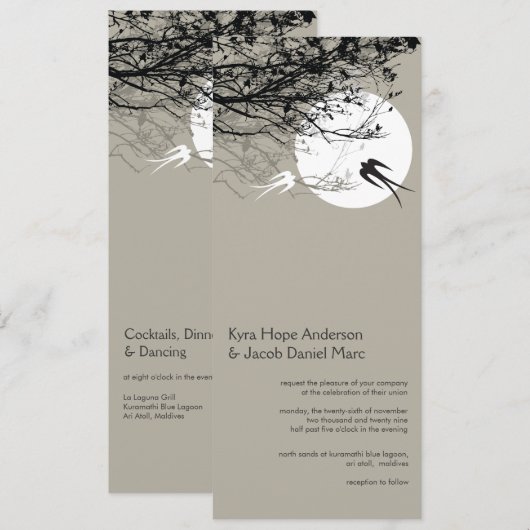 Oriental Swallows Moonlight Asian Wedding Invite Kaart (Voorkant / Achterkant)