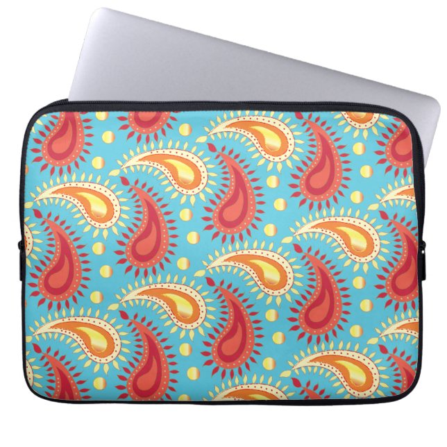 Oriental Turquoise Oranje Persian Paisley Pattern Laptop Sleeve (Voorkant)