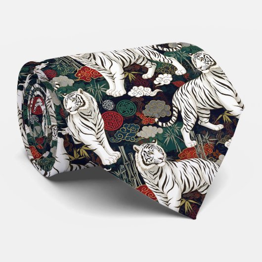 Oriental White Tiger Pattern Stropdas (Opgerold)