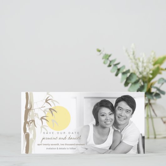 Oriental Yellow Sunrise Bamboo Zen Save the Date (Staand voorkant)