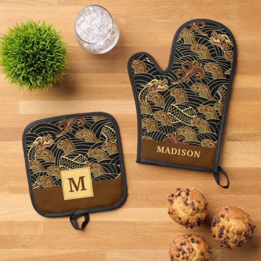 Oriental Zee Dragon Pattern Ovenwant & Pannenlap Set (Top down)