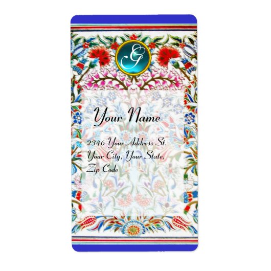 ORIENTALE DAMASKMONOGRAM Blue Red Etiket (Voorkant)