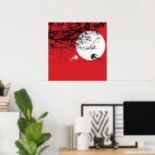 Orientale Zwallows in Moonlight Zen Red Poster (Thuiskantoor)