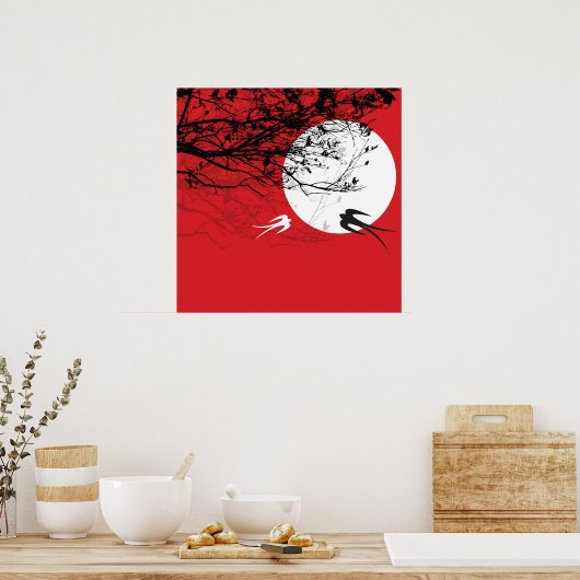 Orientale Zwallows in Moonlight Zen Red Poster (Keuken)
