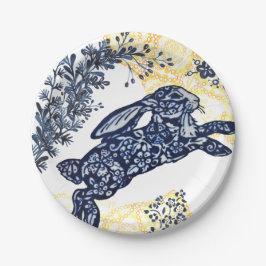 Orierntal Blue White Yellow Rabbit Chinoiserie Papieren Bordje