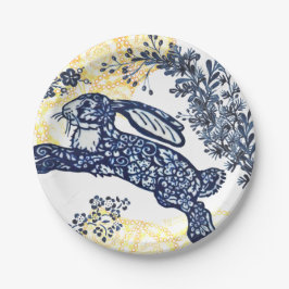 Orierntal Blue White Yellow Rabbit Chinoiserie Papieren Bordje