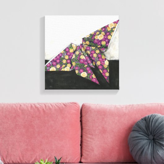 Origami Butterfly over Floral Paper Canvas Afdruk (Insitu (Woonkamer))