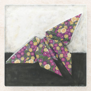 Origami Butterfly over Floral Paper Glazen Onderzetter