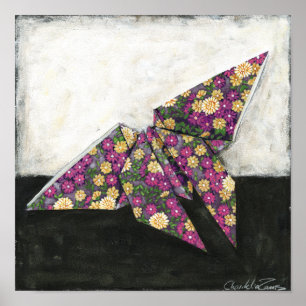 Origami Butterfly over Floral Paper Poster