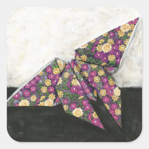 Origami Butterfly over Floral Paper Vierkante Sticker