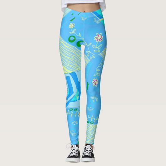 Origami Chintz (L) blauw geel groen 2 Leggings (Voorkant)