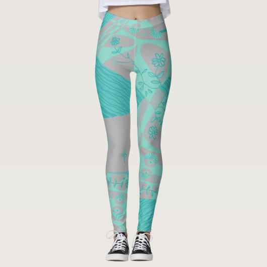 Origami Chintz (L) Dusty Blauw Grijs Leggings (Voorkant)