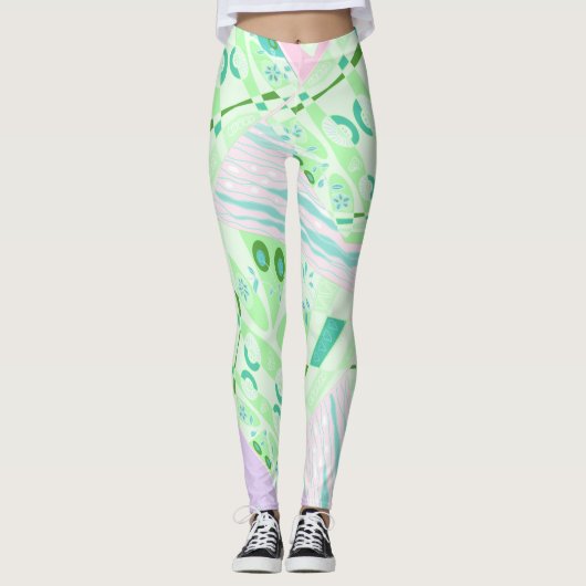 Origami Chintz (L) Groen Blauwgroen Roze Lila Leggings (Voorkant)