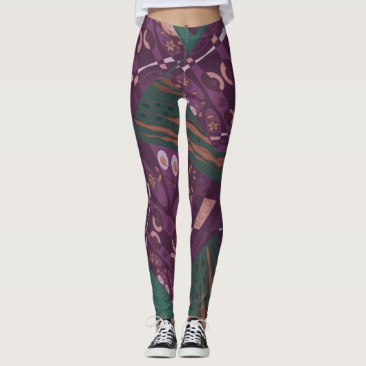 Origami Chintz (L) Stoffig Paarse Bruin Groen Leggings (Voorkant)