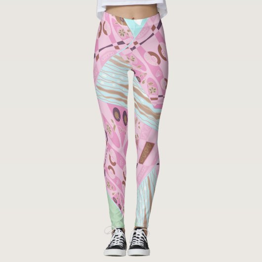 Origami Chintz (L) Stoffig Roze Blauw Bruin Wit Leggings (Voorkant)