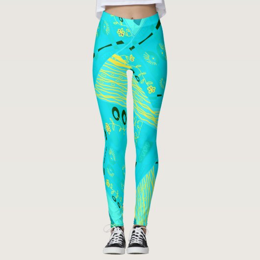 Origami Chintz (L) Turquoise geel Blauwgroen Leggings (Voorkant)