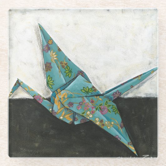 Origami Crane met Floral Design Glazen Onderzetter (Voorkant)