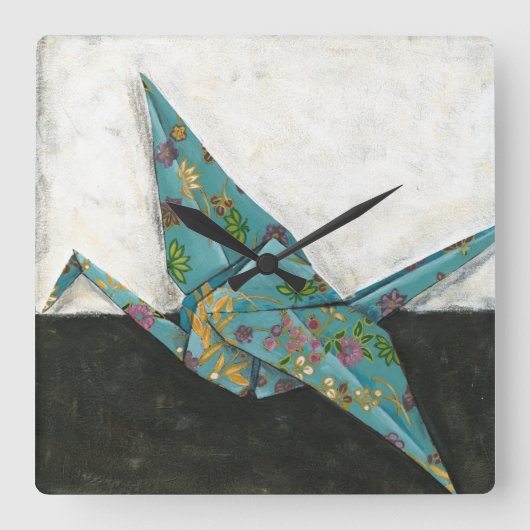 Origami Crane met Floral Design Vierkante Klok (Voorkant)