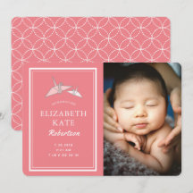Origami Cranes Photo Pink Birth Announcement Card