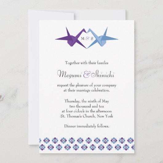 Origami Cranes Wedding (Paarse + C blauw) Kaart (Voorkant)