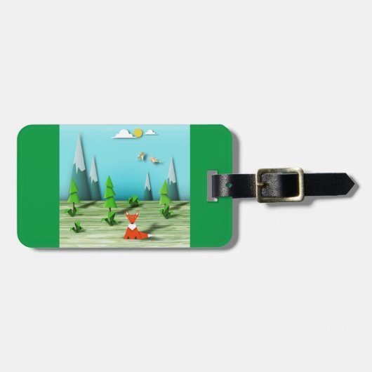 Origami Forest Scene met Fox Mountains en Vogels Bagagelabel (Voorkant horizontaal)