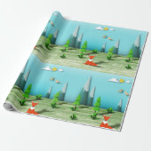 Origami Forest Scene met Fox Mountains en Vogels Cadeaupapier (Uitgerold)