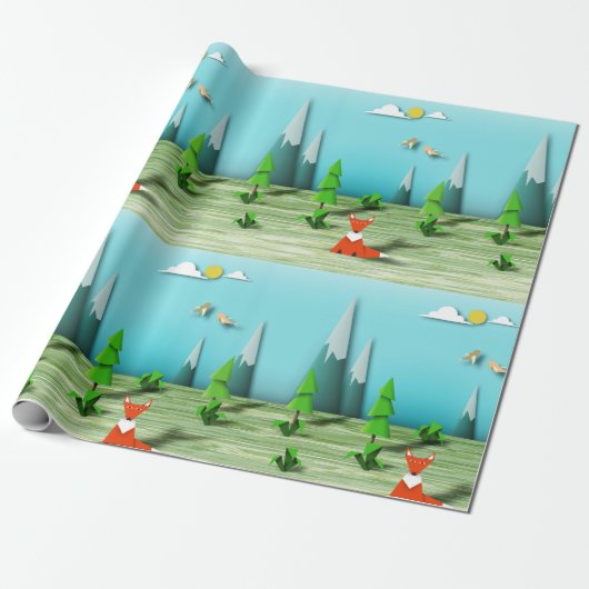 Origami Forest Scene met Fox Mountains en Vogels Cadeaupapier (Uitgerold)