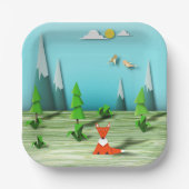 Origami Forest Scene met Fox Mountains en Vogels Papieren Bordje (Voorkant)