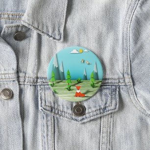 Origami Forest Scene met Fox Mountains en Vogels Ronde Button 7,6 Cm