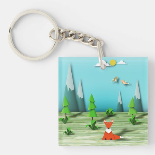Origami Forest Scene met Fox Mountains en Vogels Sleutelhanger (voorkant)