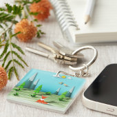Origami Forest Scene met Fox Mountains en Vogels Sleutelhanger