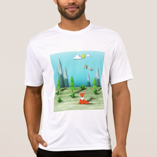 Origami Forest Scene met Fox Mountains en Vogels T-shirt (Voorkant)