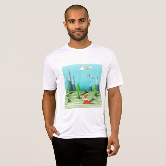 Origami Forest Scene met Fox Mountains en Vogels T-shirt (Voorkant volledig)